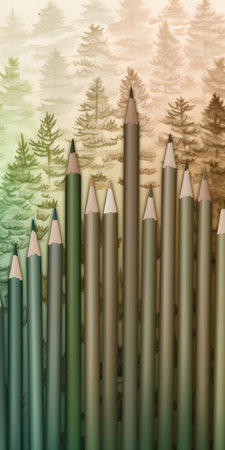 Colored pencils in a row on a background of the forestの素材