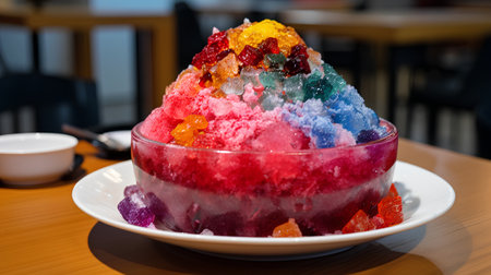 Colorful ice cream in a glass bowl on a wooden table.の素材