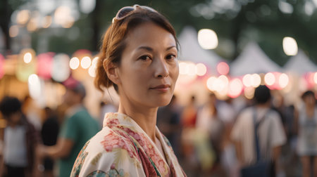 Beautiful asian woman in kimono walking at night marketの素材