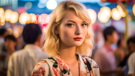 Beautiful girl in the night market. Blonde with short hair.の素材