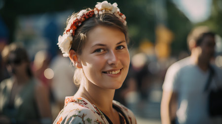 Portrait of a young woman with flowers in her hair on the streetの素材