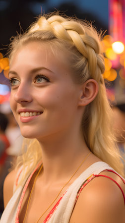 Portrait of a beautiful blonde girl with pigtails in the cityの素材