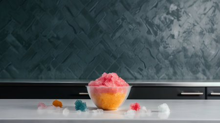 Scoops of colorful sea salt in bowl on table in kitchenの素材