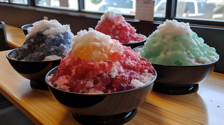 Colorful ice creams in a bowl on a wooden table.の素材