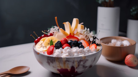 Fresh fruit salad in a bowl on a white table, selective focusの素材