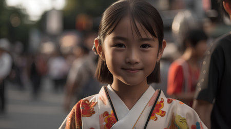 Japanese girl in kimono looking at the camera with a smileの素材