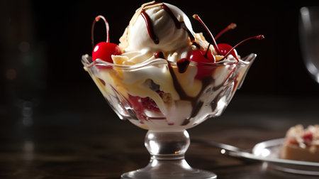 Vanilla ice cream with cherry in a glass bowl on a dark backgroundの素材