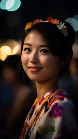 Portrait of a beautiful asian woman in kimono at nightの素材
