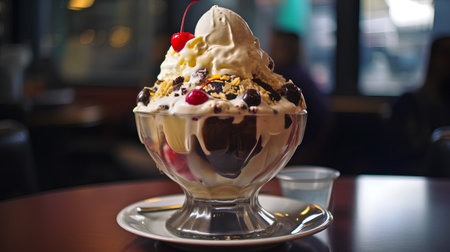 Ice cream sundae with cherry and chocolate topping in a glass cupの素材