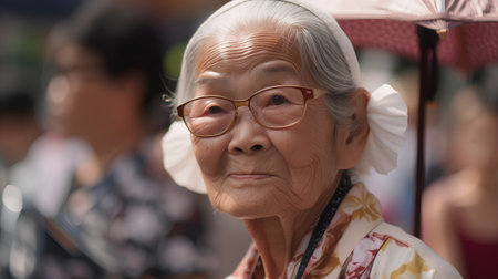 Portrait of asian elderly woman wearing glasses and looking at cameraの素材