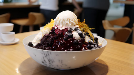 ice cream with mixed berry topping in a bowl on wooden tableの素材
