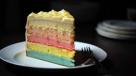 Rainbow cake on a white plate with fork and spoon on dark backgroundの素材
