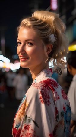 Portrait of a beautiful young woman wearing traditional clothes in the street.の素材