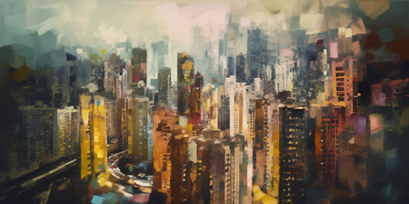 Abstract illustration of skyscrapers in the city. Digital painting.の素材