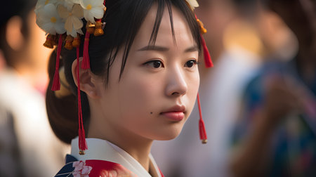 Unidentified Thai girl in traditional costume during the annual festival in Kanchanaburi, Thailand.の素材