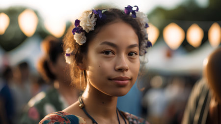 Portrait of a beautiful asian woman with flowers in her hairの素材