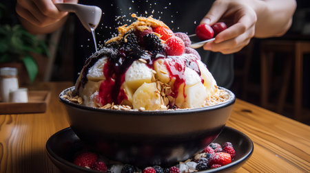 ice cream sundae with fresh berries and whipped cream in a bowlの素材