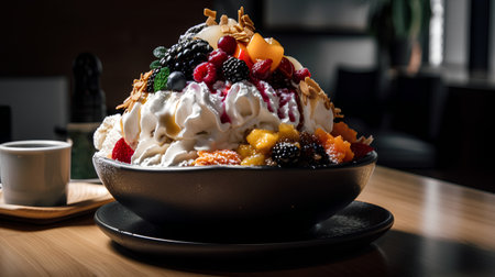 Bingsu with whipped cream and mixed fruit in a bowl.の素材