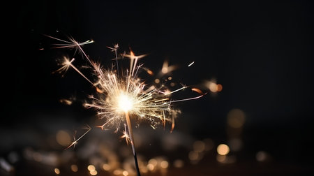 sparkler on black background with sparks and bokeh effectの素材