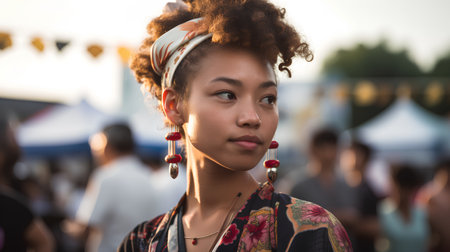Portrait of a beautiful woman with afro hairstyle at the festivalの素材