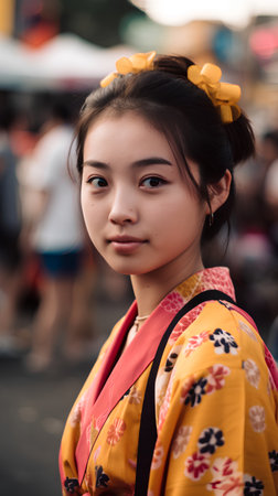 Asian woman wearing a kimono at the annual festival in Thailand.の素材