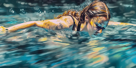 Illustration of a beautiful woman swimming in a pool with water reflectionsの素材