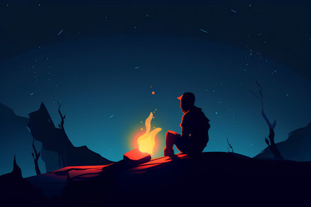 Silhouette of a man sitting on the edge of a cliff with a bonfire in his hand.の素材