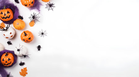 Halloween background with pumpkins, spiders and spiders on white backgroundの素材