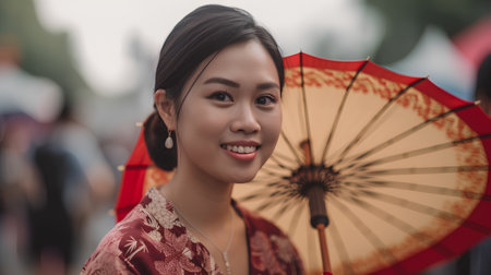 Portrait of beautiful young asian woman wearing kimono and umbrellaの素材