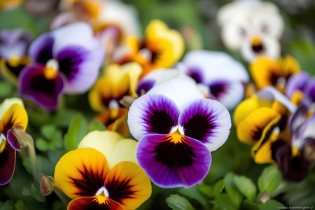 Colorful pansy flowers in the garden. Selective focus.の素材