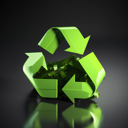 Recycling symbol. Green recycling sign on black background. 3d illustrationの素材