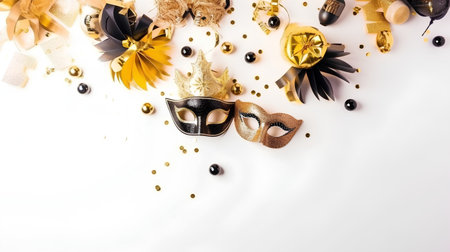 Mardi gras background with gold and black carnival masks on whiteの素材