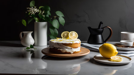 Lemon cake on a marble table with a jug and a cup of teaの素材