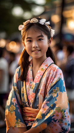 Portrait of a beautiful asian kimono girl in the streetの素材