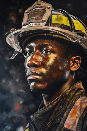 Portrait of an African American fireman in uniform and helmet.の素材