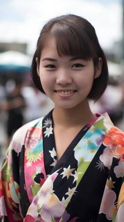 young japanese kimono woman in the street, lifestyle portraitの素材