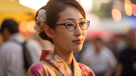 Portrait of a beautiful Asian woman in kimono and glassesの素材