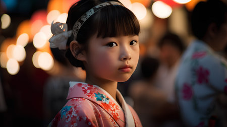 Asian Chinese little girl in kimono in the light of lanternsの素材