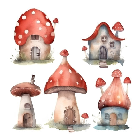 Watercolor mushrooms set. Hand drawn illustration isolated on white background.の素材