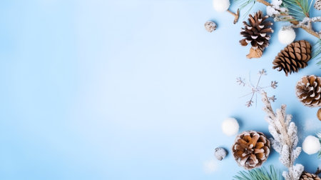 Christmas background with fir branches, cones and snowflakes on blueの素材