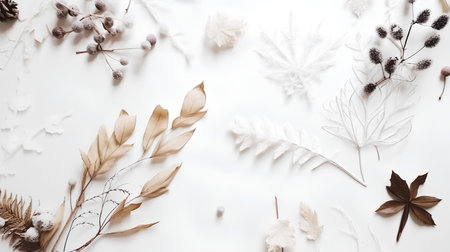 Autumn composition. Dry flowers, leaves on white background. Flat lay, top viewの素材