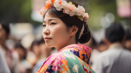 Japanese woman in kimono with flowers in her hair looking at cameraの素材