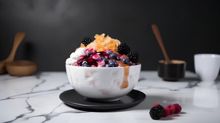bowl of oatmeal with fresh berriesle table with black backgroundの素材