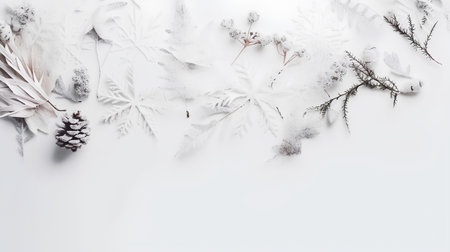 Winter background with white snowflakes and pine cones. Flat lay, top view.の素材