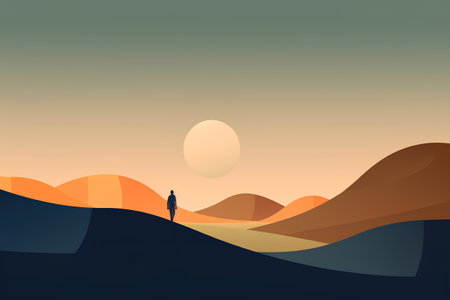 Vector illustration of a man standing on the hill and looking at the sunsetの素材