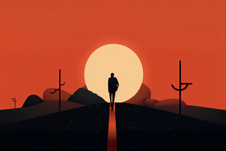 Silhouette of a man standing on the road at sunset. Vector illustration.の素材