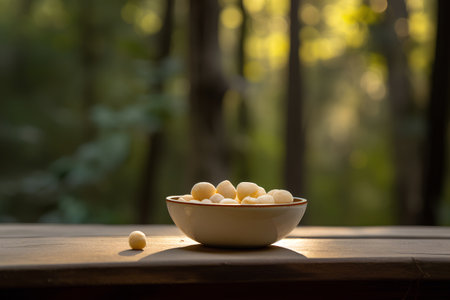 Macadamia nuts in a bowl on a wooden table in the forestの素材