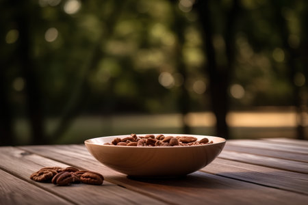 Pecan nuts in a wooden bowl on a wooden table in the forestの素材