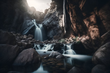 Waterfall in the mountains at sunset time. 3d rendering.の素材