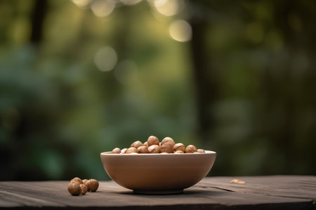 walnuts in bowl on wooden table with bokeh background.の素材